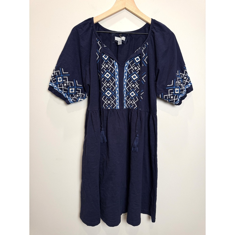 Cupio M Navy Blue 100% Cotton Tunic‎ Dress Short Sleeve Embroidered Tassel Boho